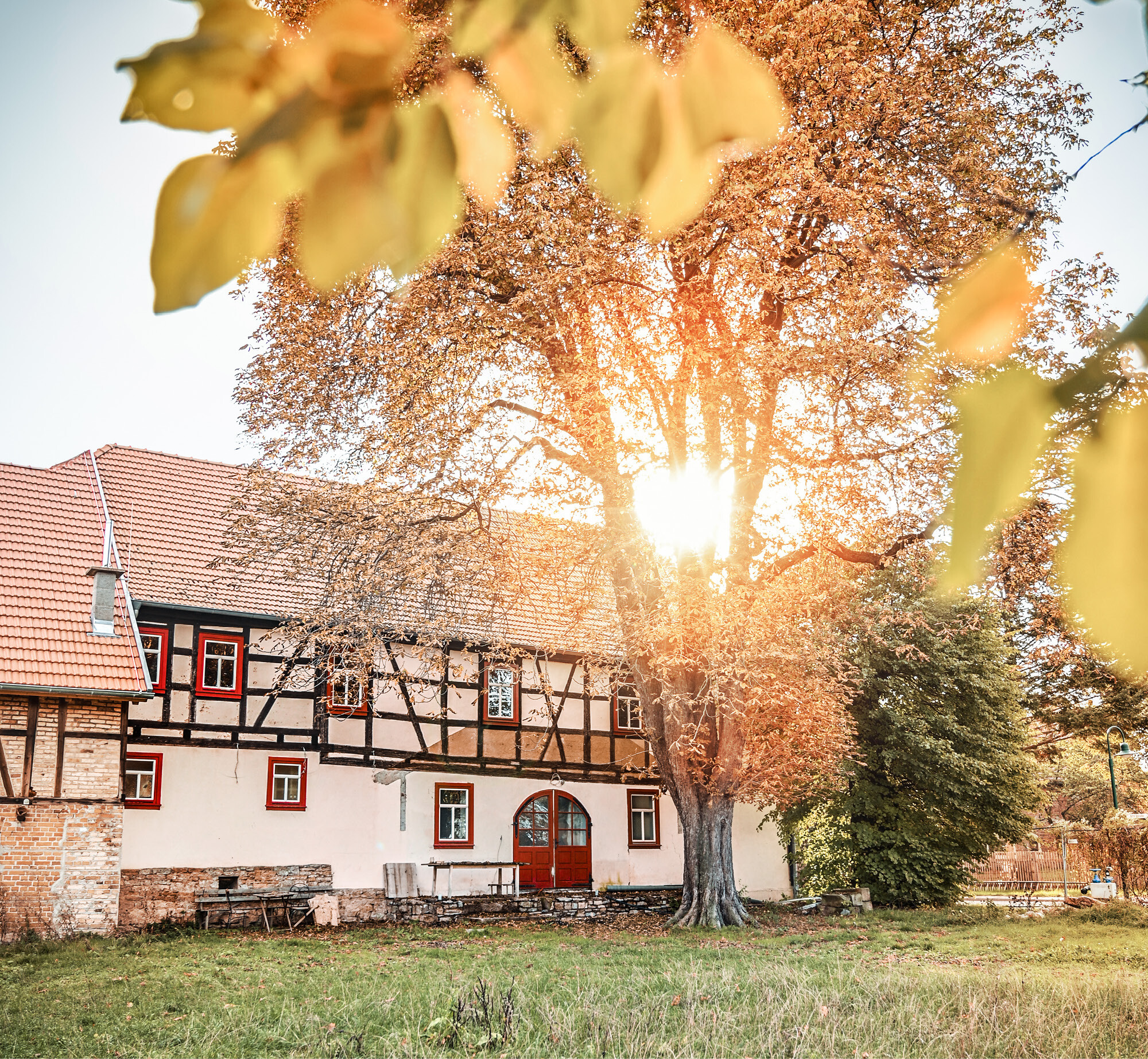 Außenansicht des Schokoladenhofs in Wülfershausen mit herbstlichen Baumkronen.